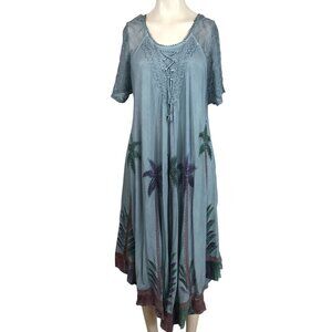 SAKKAS - WOMEN'S ONE SIZE BLUE PALM TREE SHORT SLEEVE EMBROIDERED DRESS